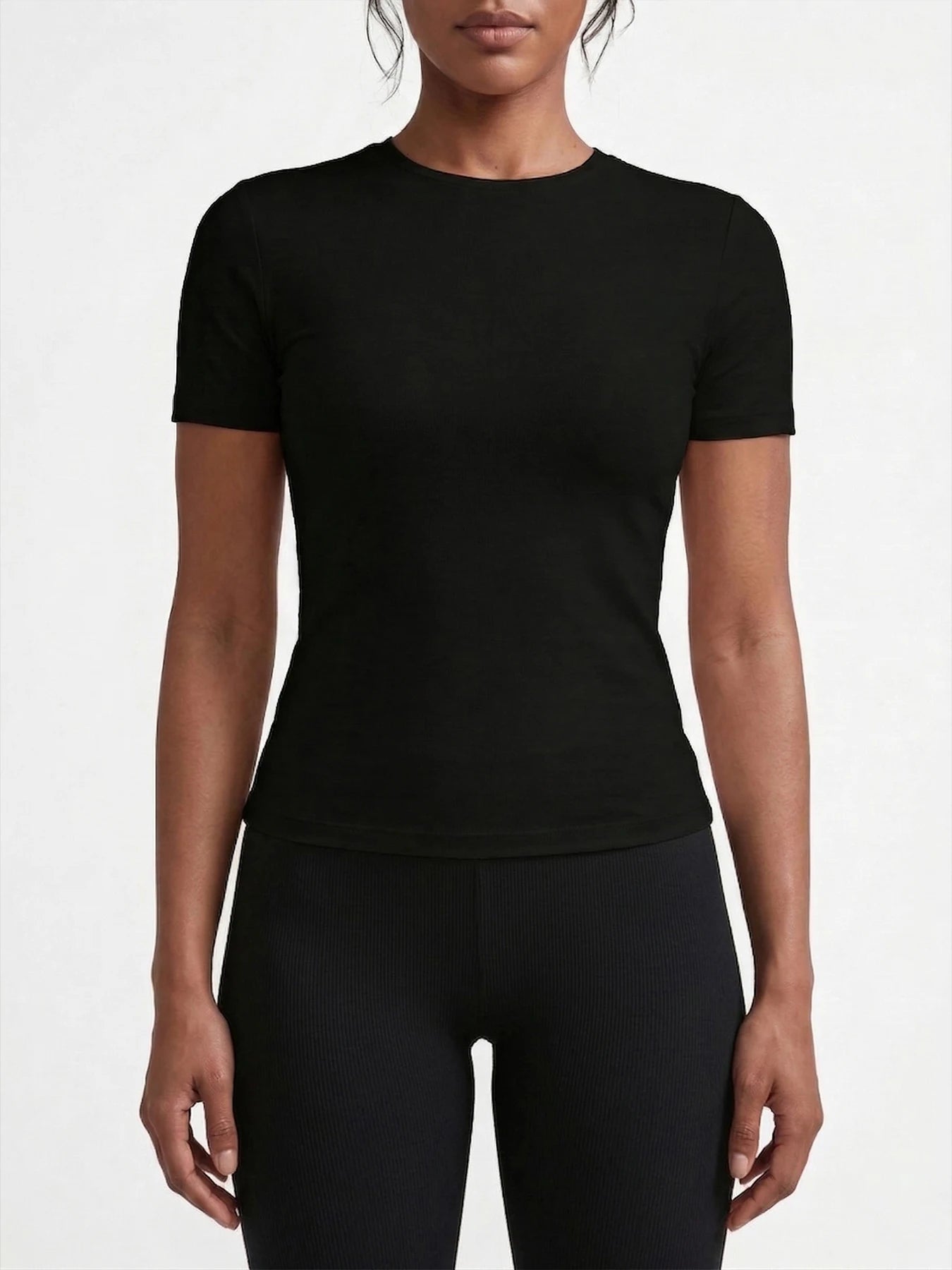 Women's Casual Solid Color Black and White Short-Sleeve T-Shirt Top - ATFH