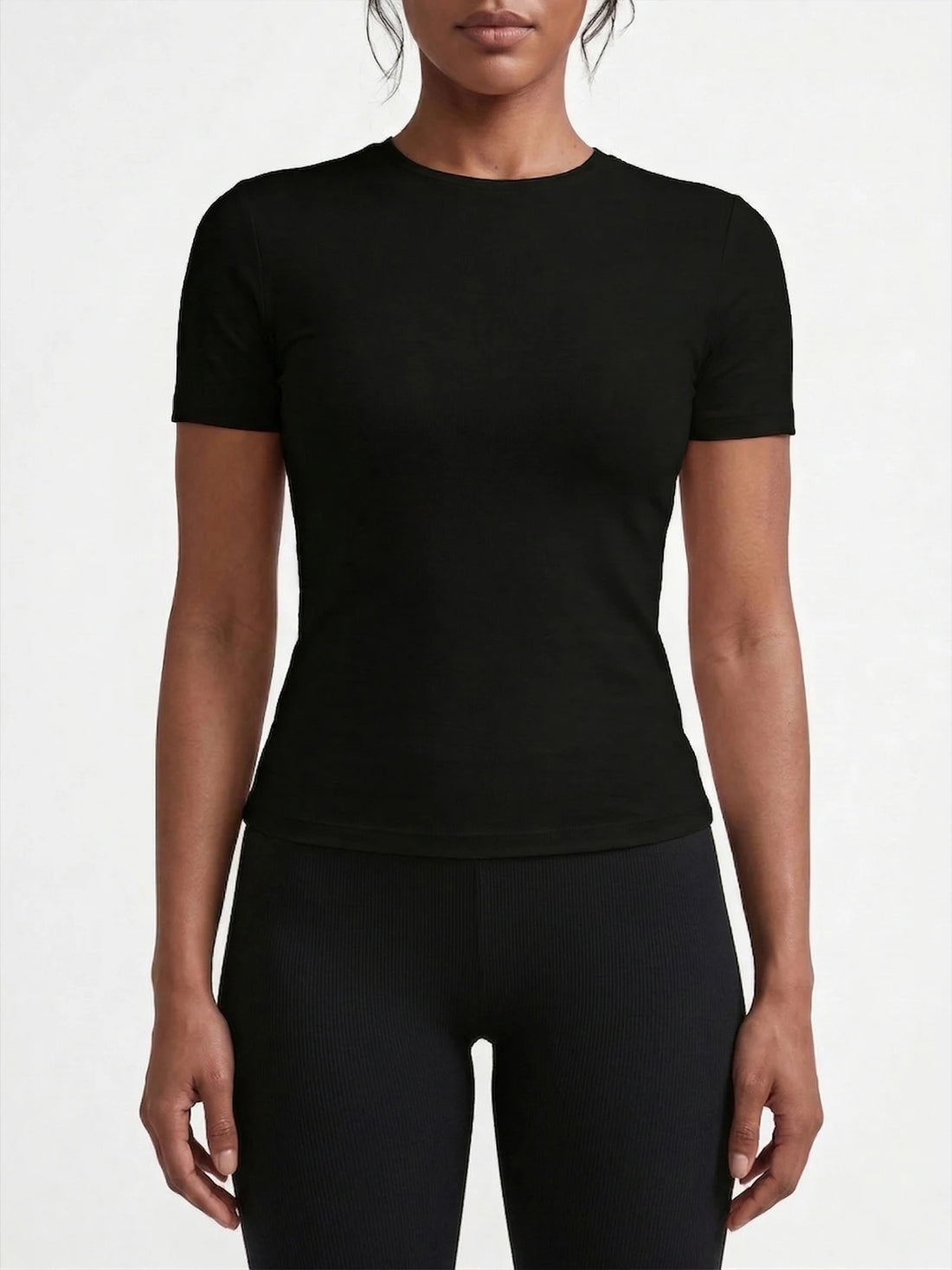 Women's Casual Solid Color Black and White Short-Sleeve T-Shirt Top - ATFH