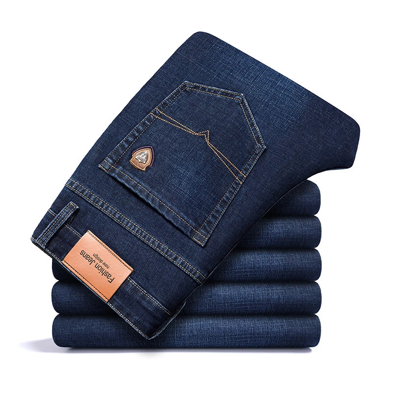 SHAN BAO 2022 autumn spring fitted straight stretch denim jeans classic style badge youth men's business casual jeans trousers ATFH