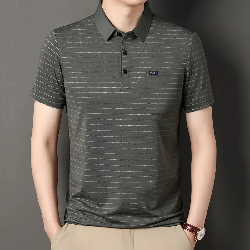Summer Men's Short-sleeved Lapel Stripe T-shirt with Real Pocket Loose Casual Thin Polo Shirt