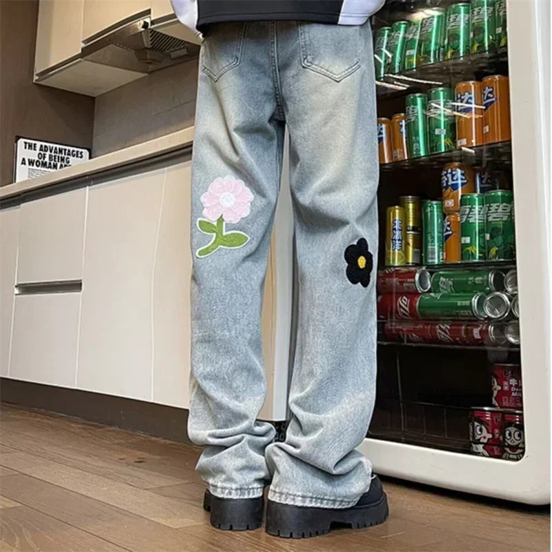 Y2K Vintage Flower Embroidered Jeans For Men High Street Baggy Straight Wide Leg Denim Pants Autumn Design Hip Hop Fashion Jean ATFH