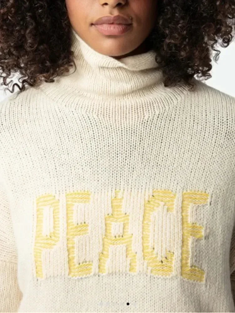 Women's Fashionable Versatile Letter High Neck Pullover Knitted Wool Sweater with Lazy Style Loose Top - ATFH