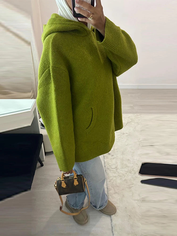 Casual Knitted Women's Sweater Hooded Solid Loose Big Pocket Thicken Lady Sweaters 2026 Spring Fashion Female Street Outwear - ATFH