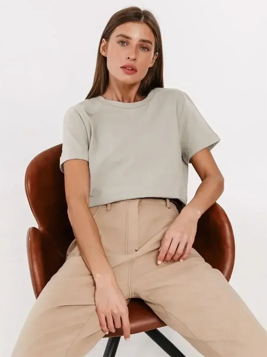 Bornladies Summer 100% Cotton Women's T-shirt Bottoming Basic Fashionable Solid Lady Short Sleeve Loose Tops Shirts 230g/㎡ Tops - ATFH