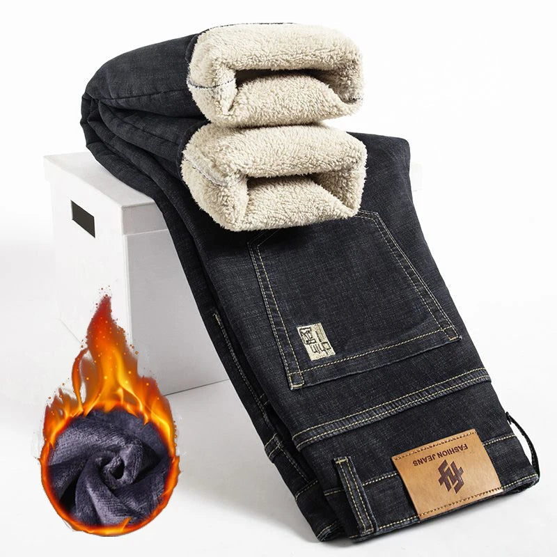 Men Winter Thermal  Loose Straight Jeans Male Fashion Snow Warm Plush Fleece Denim Pants Classic Simplicity Blue Black Trousers ATFH
