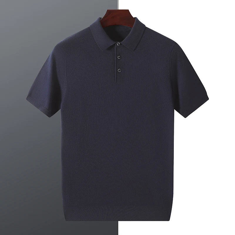 Men's fine spun wool mulberry silk Polo collar short sleeved men's wool knitted short sleeved T-shirt for spring and summer