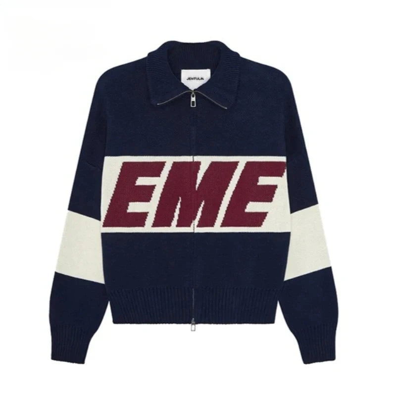 Retro Harajuku Spliced zipper Knit Sweater New Fashionable Casual Sweater Men American Y2k Letter Embroidery Clothing Women - ATFH