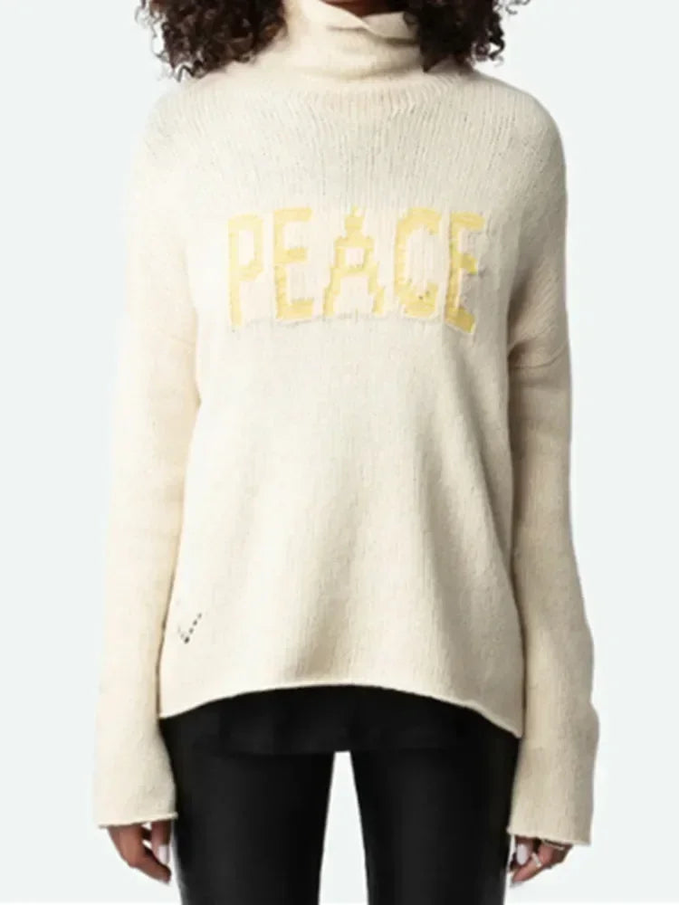 Women's Fashionable Versatile Letter High Neck Pullover Knitted Wool Sweater with Lazy Style Loose Top - ATFH