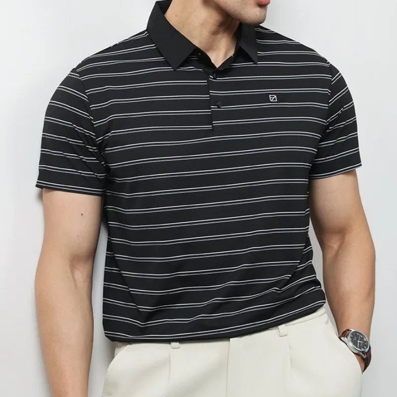 Brand Striped Short Sleeve Polo Shirts Men Trendy Business Casual Lapel T-shirts Social Office POLO Tees Tops Men Clothing 2025