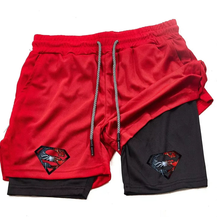 Superhero Print 2 in 1 Running Workout Sport Mesh Shorts Men Gym Performance with Phone Pocket Towel Loop Fitness Apparel