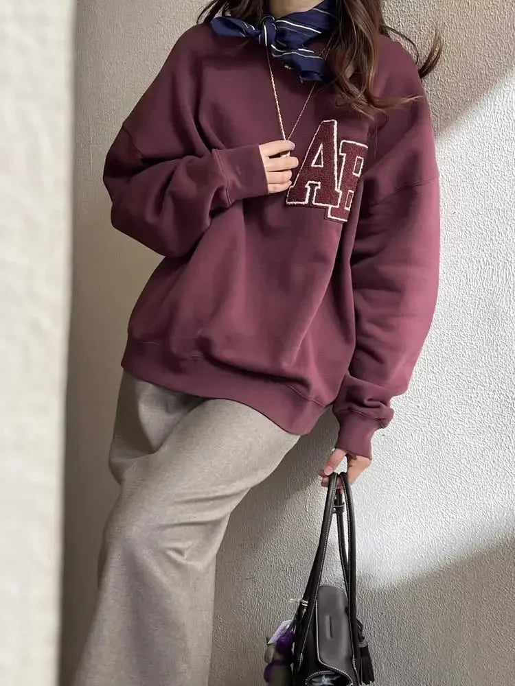 Oversized Sweatshirt Dark Burgundy Pull-on styling flocking letters detail Ribbed trim fleece sweatshirt women autumn winter - ATFH