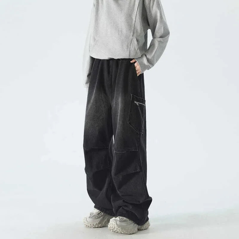 Autumn High Street Pleated Cargo Jeans For Men Pocket Straight Wide-leg Denim Pantalones Hombre Hip Hop Fashion Y2K Baggy Jean ATFH