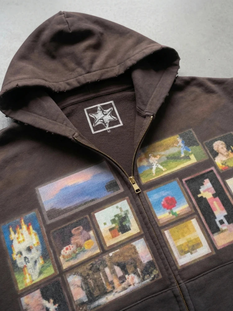 Y2K Retro Gallery Hoodie Brown Pixel Painting Art Pattern Zip Up Sweatshirt Trendy Classic Streetwear Unisex Oversize Clothing - ATFH