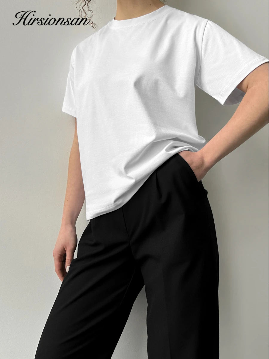 Hirsionsan Basic Cotton T Shirt Women 2026 Summer New Loose Solid Tees 19 Color Casual Loose Tshirt Oversized O Neck Female Tops - ATFH