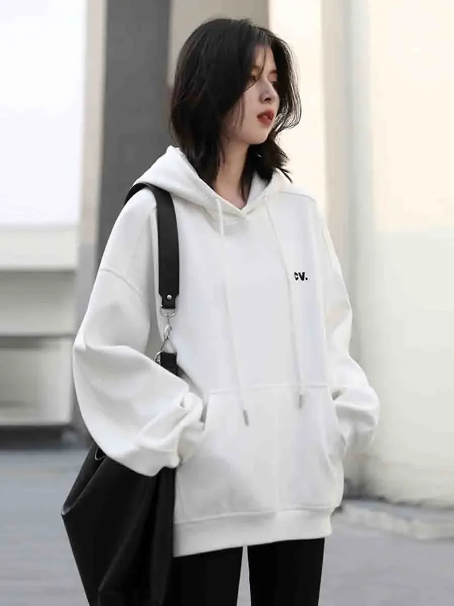 CHIC VEN Women's Sweatshirts Casual Hooded Soild Letter Embroidered Tops Loose Plush Warm Pullover for Woman Autumn Winter 2023