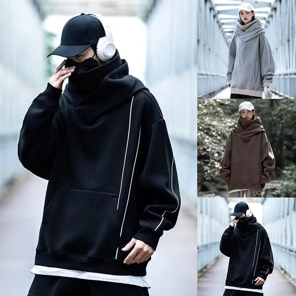 Y2K Men's Turtleneck Hoodie Sweatshirt Japanese Retro Loose Fit Pullover Casual Long Sleeve High Street Attire - ATFH