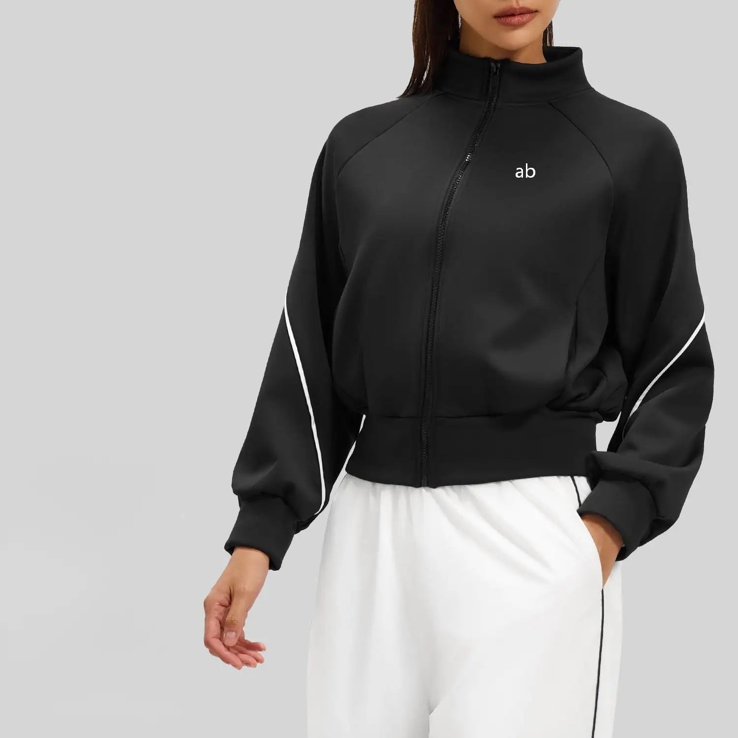 2026 Fall/Winter Color-Contrast Fleece-Lined Yoga Top with Stand Collar, Thickened Warm and Slim-Fitting Sport Jacket for Women