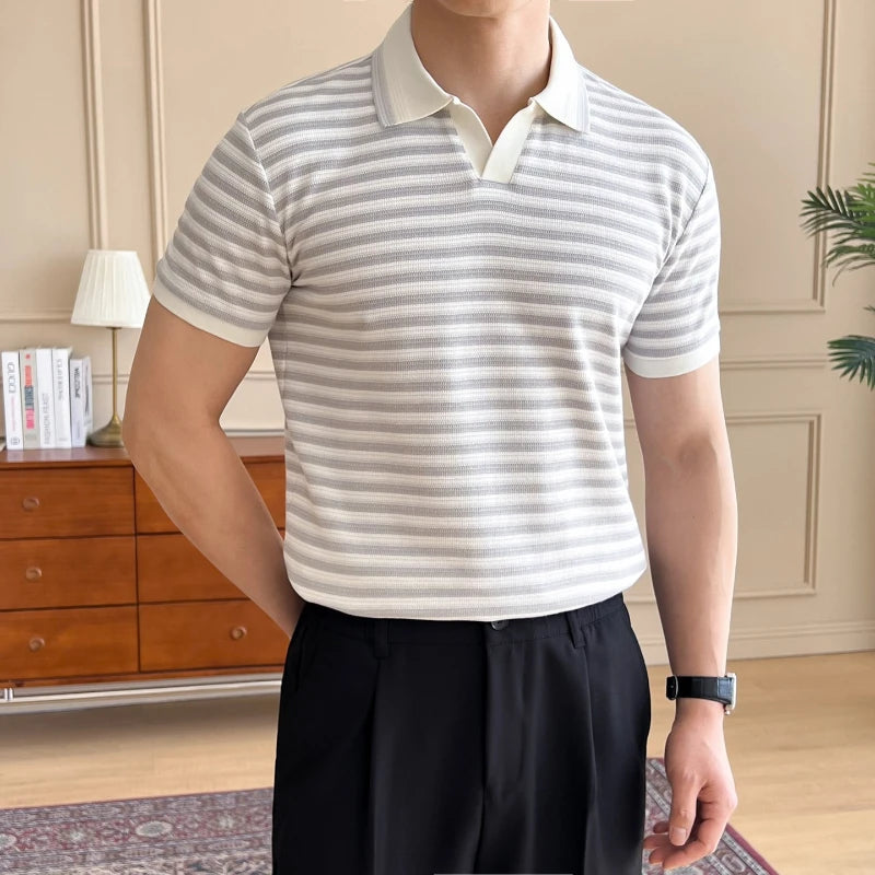 Men's Stripe Polo Shirt, Short Sleeve Breathable T-Shirt with Turn-Down Collar Retro Style Fit  Casual Business Wear 57%cotton