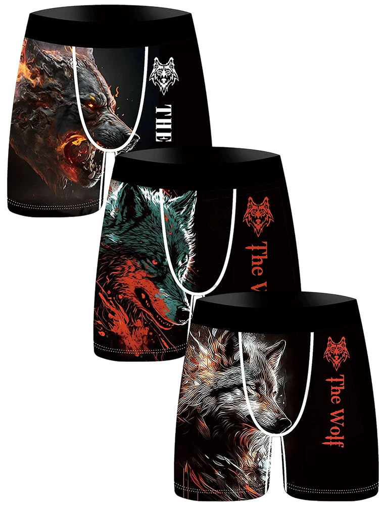 3Pcs Lion Wolf Print Men Underwear Boxers Men's Novelty Underpant Breathable Printed Male Underpants Man Boxer Briefs