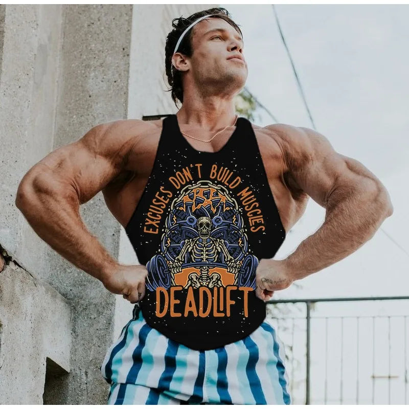 Men's Gym Stringer Tank Tops "No Pain No Gain" "Excuses Don't Build Muscles" Slogans Bodybuilding Harajuku Y2k Sleeveless Shirts