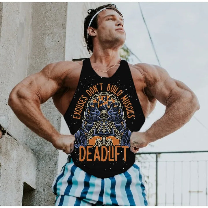 Men's black gym stringer tank top with skeleton deadlift graphic and DEADLIFT plus Excuses Don't Build Muscles.