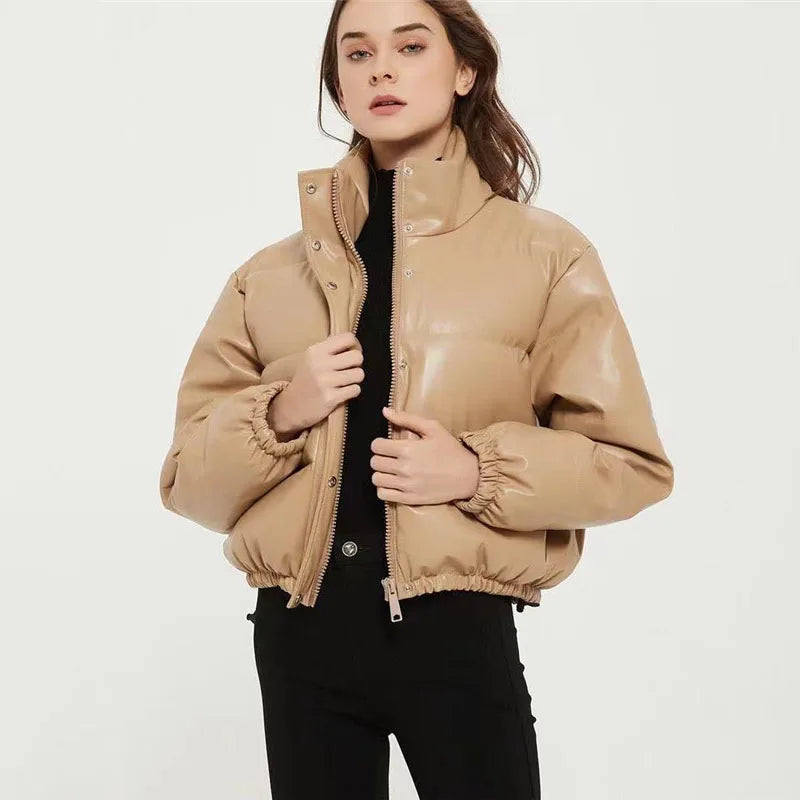 Short Cotton Jacket Parkas Women Winter Warm Thick Down Cotton Leather Coat Fashion Cotton Padded Zipper Overcoat Female
