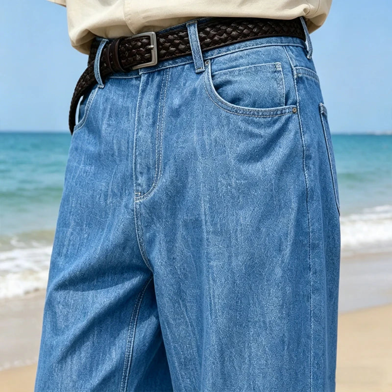 Retro Men's High Waist Wide Leg Jeans Loose Fit Denim Pants Breathable Casual Stretchy Heavyweight Cotton Y2K Baggy Trousers ATFH
