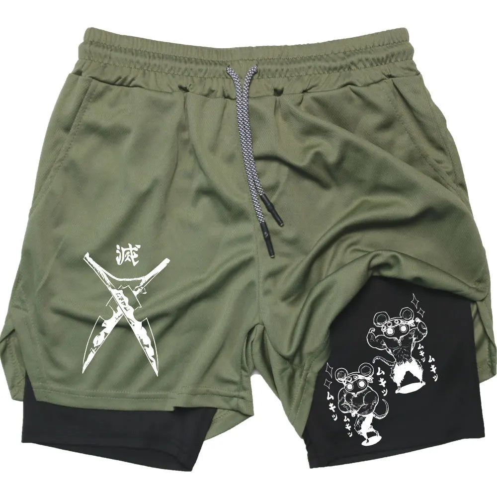 Men's Compression Shorts Anime Demon Slayer Print Beach Shorts Gym Fitness Running Quick Dry Short Pants Summer Print Sportswear