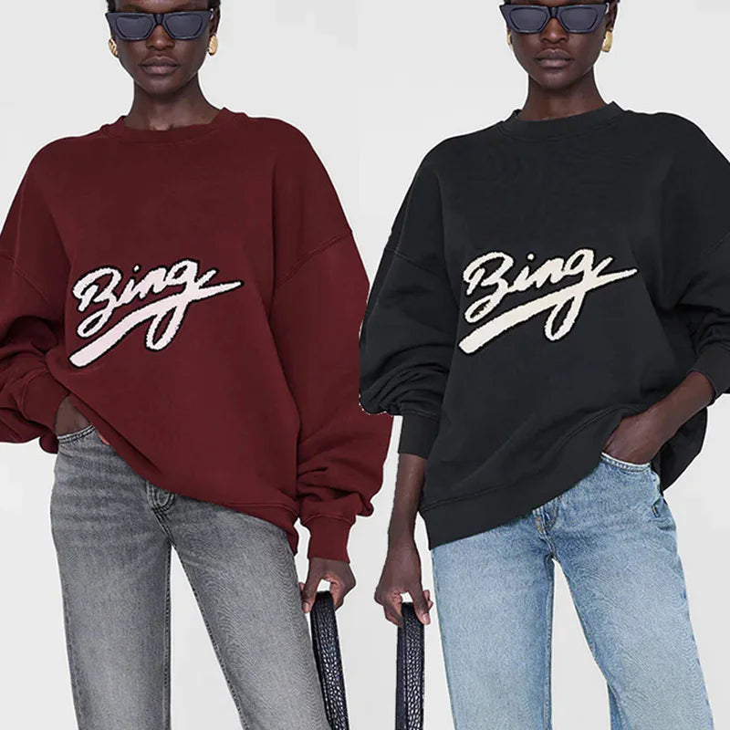 Winter new North American niche AB art word hand cranked special embroidery fleece round neck women's sweatshirt - ATFH