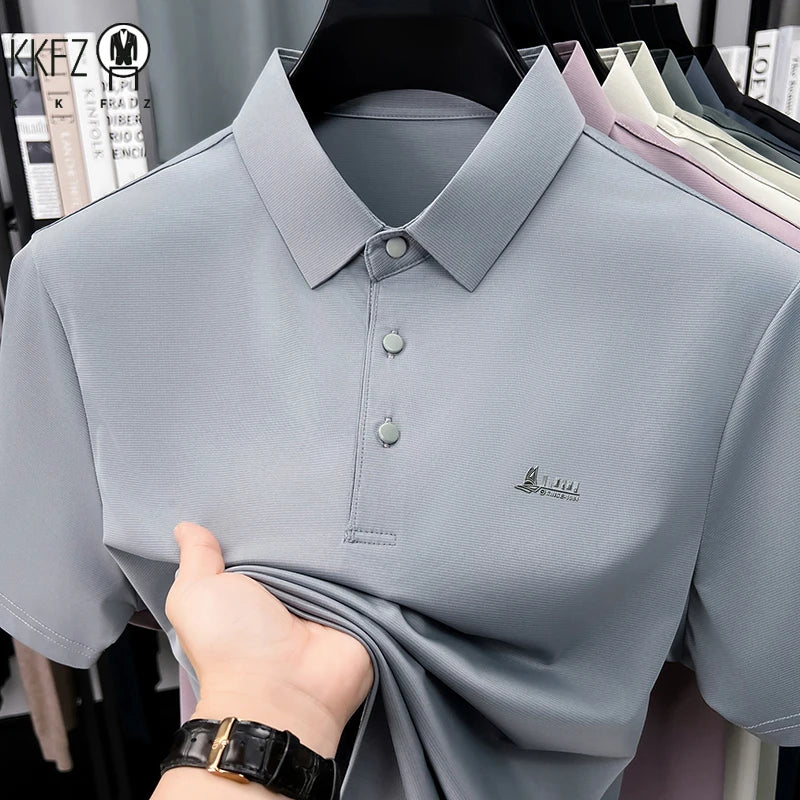 Men's Casual Polo T Shirt Short Sleeve Elastic Breathable Tops For Business Office Daily Wear Summer Lightweight Blouse