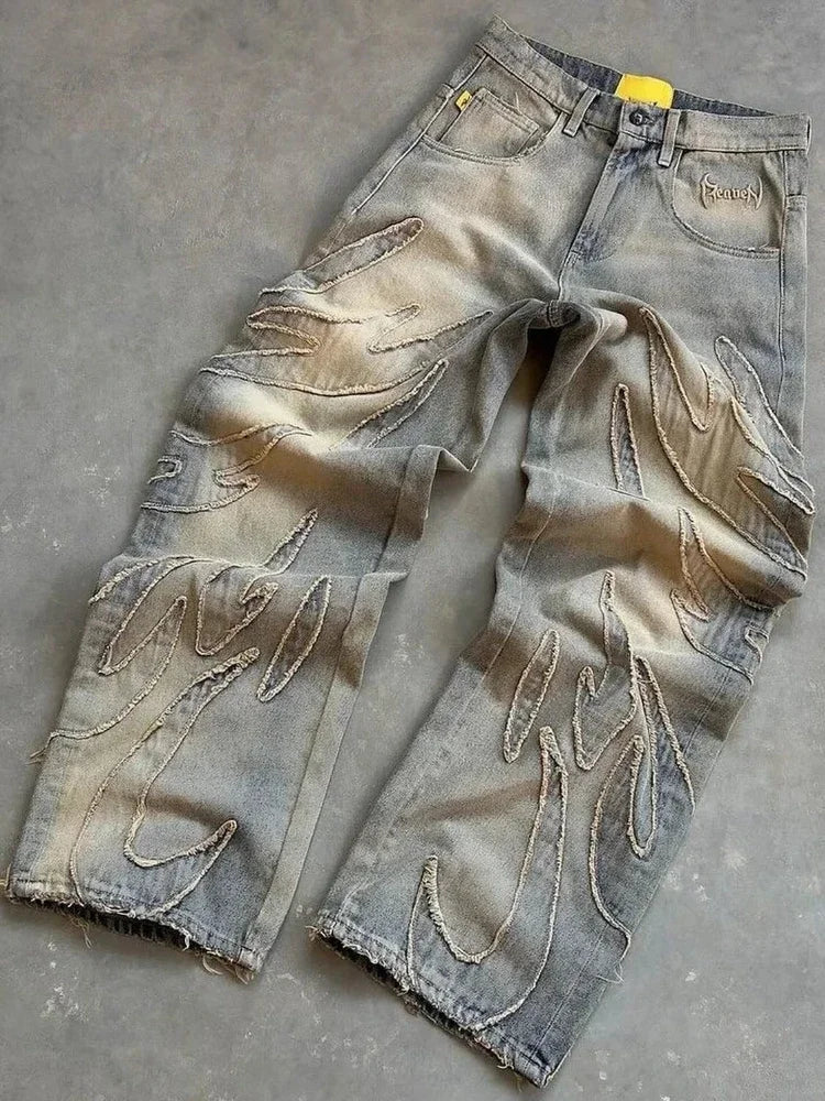 2024 American New Fashion Patch Baggy Casual Jeans For Men And Women Y2K High Street Harajuku High Waist Wide Leg Denim Trousers ATFH