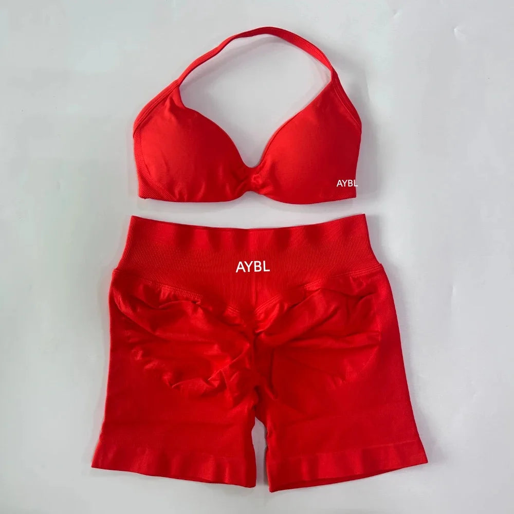 Trendy 2PCS Gym Set Women Strappy Yoga Bra Top High Waist Workout Scrunch Shorts Sports Suit Seamless Yoga Set Fitness Clothes Tahsi Fashion House
