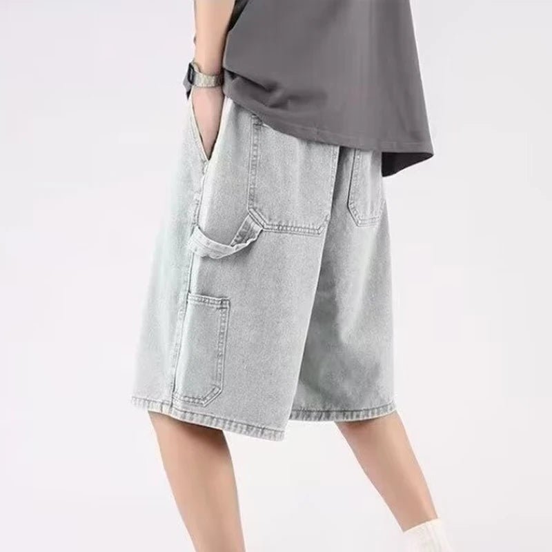 2026 Men's American Retro Carpenter Denim Shorts Summer Washed Casual Drawstring Loose Fit Cargo Jeans ATFH