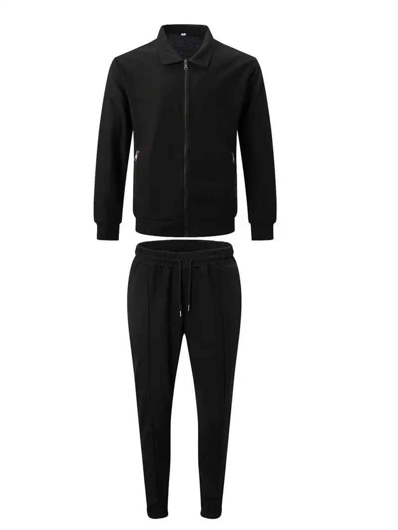 Men's Spring Waffle Two-Piece Set Casual Sports Suit with Zipper Long-Sleeved Jacket And Pants Collared - ATFH