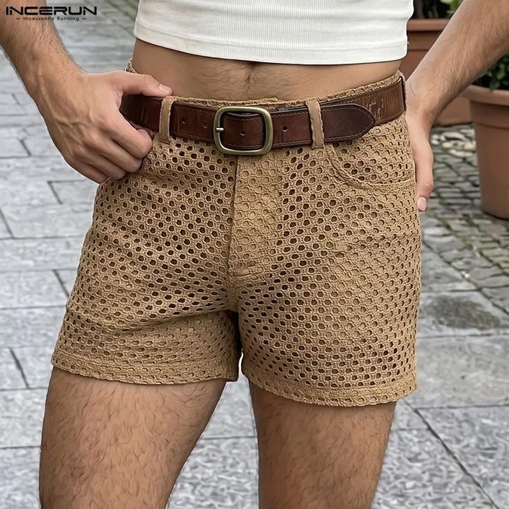 INCERUN Men's Shorts Solid Color Button Hollow Out Mesh See Through Men Bottoms Summer Streetwear Fashion Casual Shorts For Man