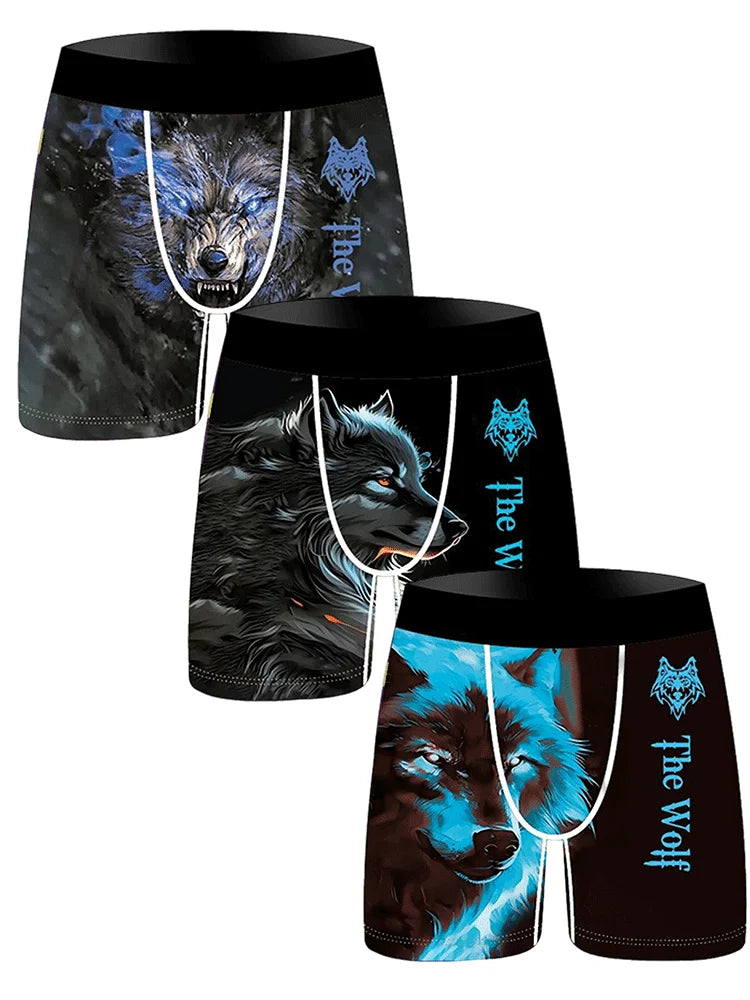 3Pcs Lion Wolf Print Men Underwear Boxers Men's Novelty Underpant Breathable Printed Male Underpants Man Boxer Briefs