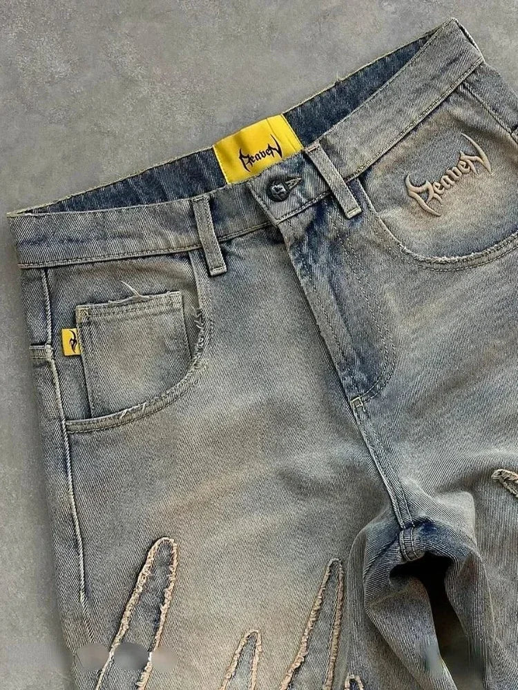 2024 American New Fashion Patch Baggy Casual Jeans For Men And Women Y2K High Street Harajuku High Waist Wide Leg Denim Trousers ATFH