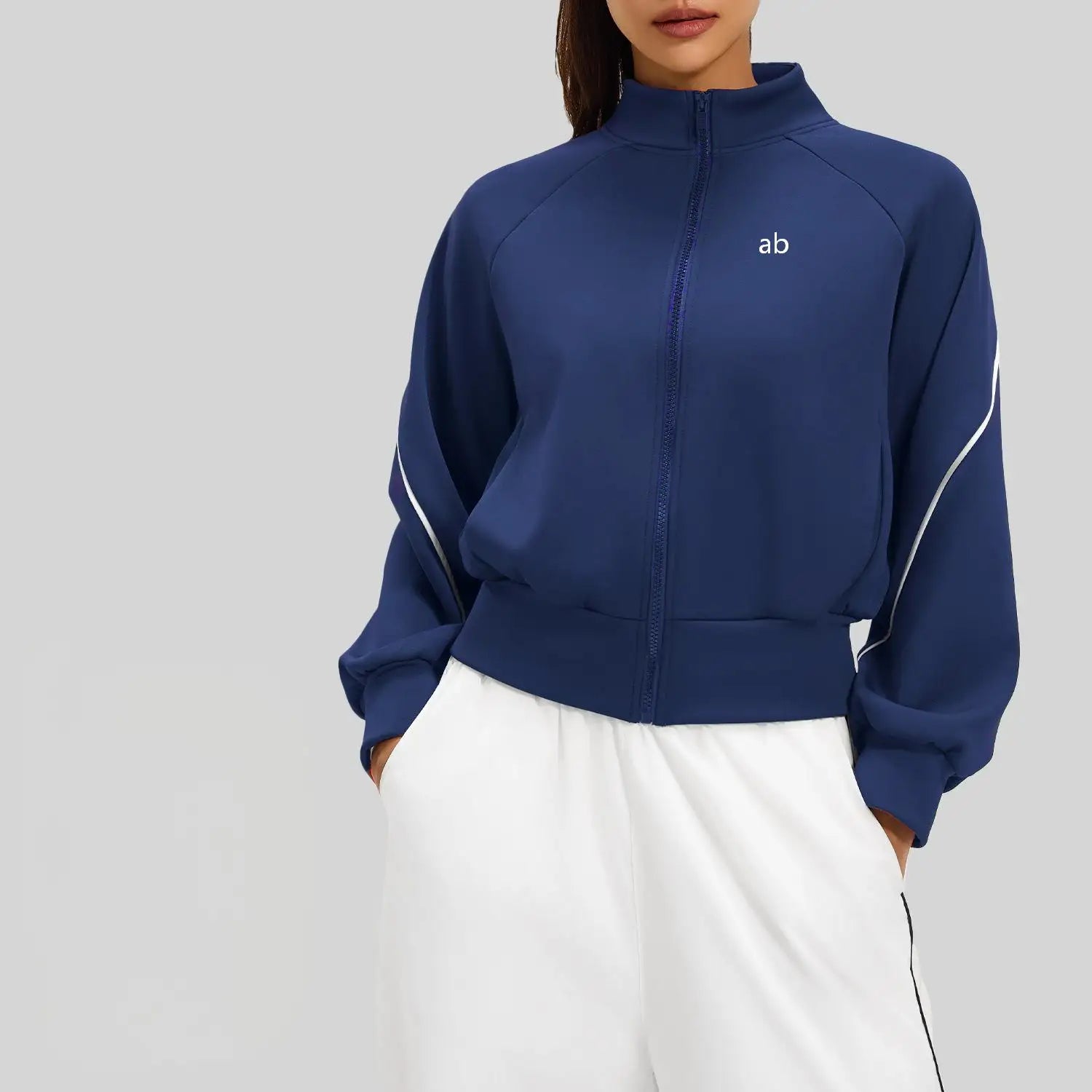 2026 Fall/Winter Color-Contrast Fleece-Lined Yoga Top with Stand Collar, Thickened Warm and Slim-Fitting Sport Jacket for Women