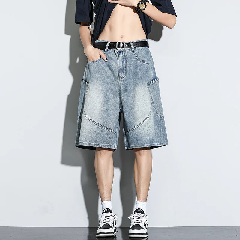Summer New Baggy Denim Shorts Fashion Casual Straight Harajuku Jeans Male Vintage Wash Drawstring Short Pants Streetwear ATFH