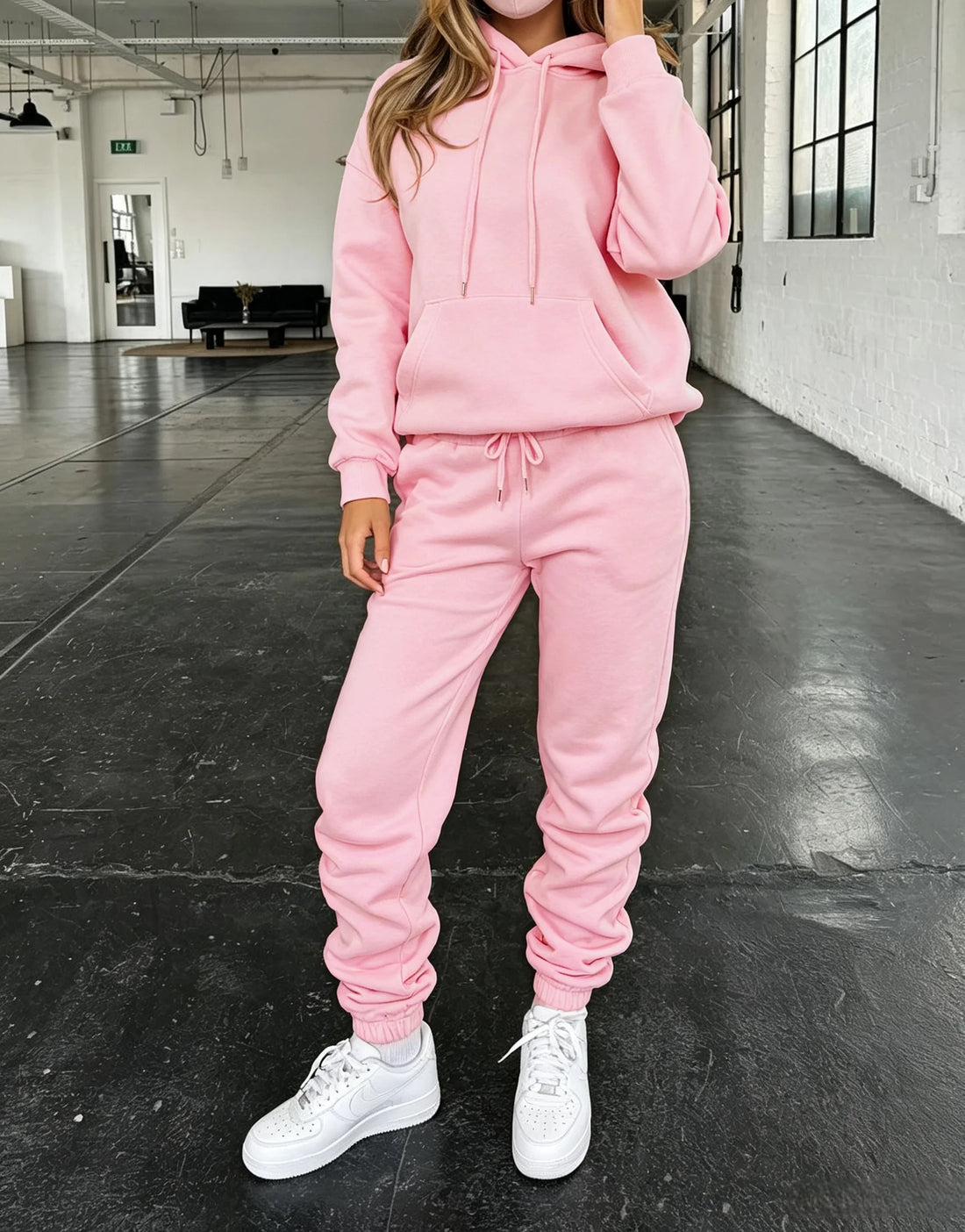 Women 2 Piece Tracksuit Solid Color Drawstring Hoodie & Jogger Pants Set Long Sleeve Loose Casual Sweat Suit Fall Winter Streetw