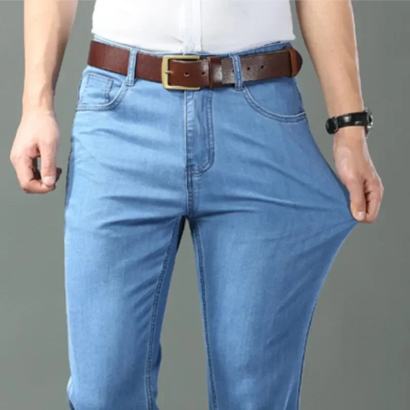 New Ice Silk Thin Denim Jeans For Men Blue Straight Stretch Cotton Pants Business Casual Lightweight Trousers Spring Summer ATFH
