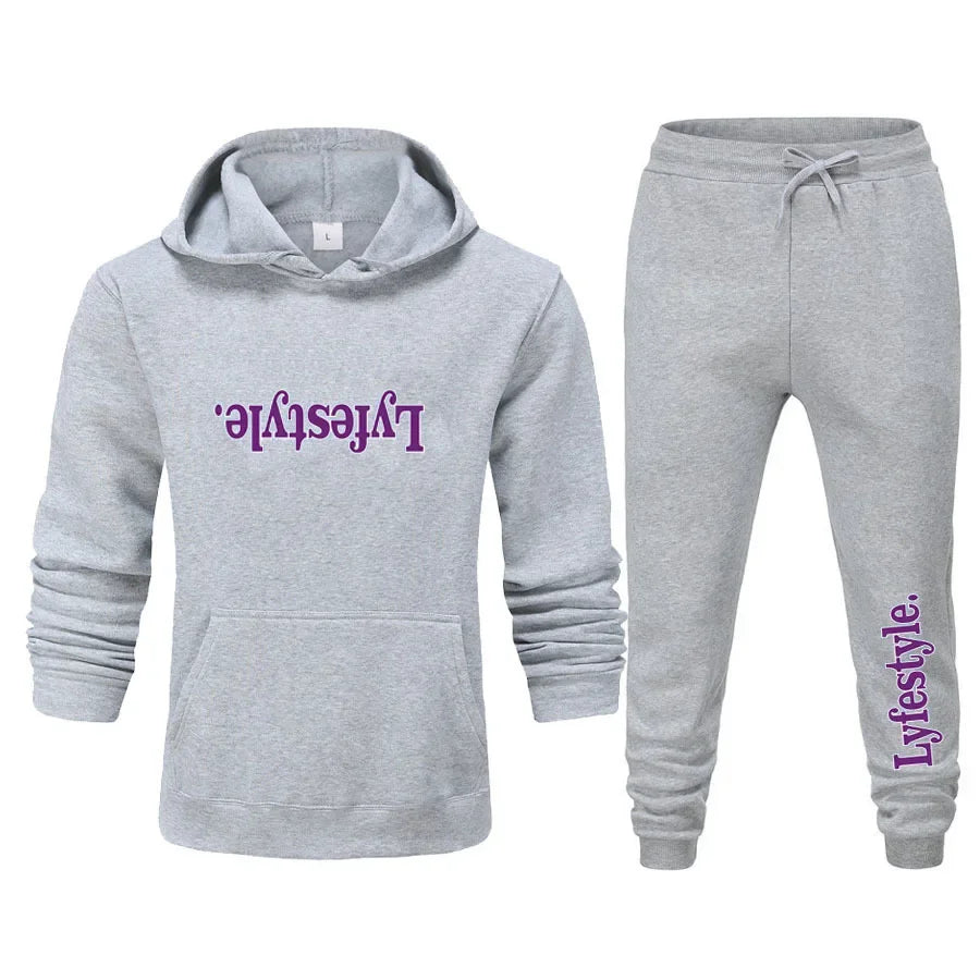 2026 autumn men's and women's trend loose hoodie set inverted print fashion two-piece fitness hoodie pants - ATFH