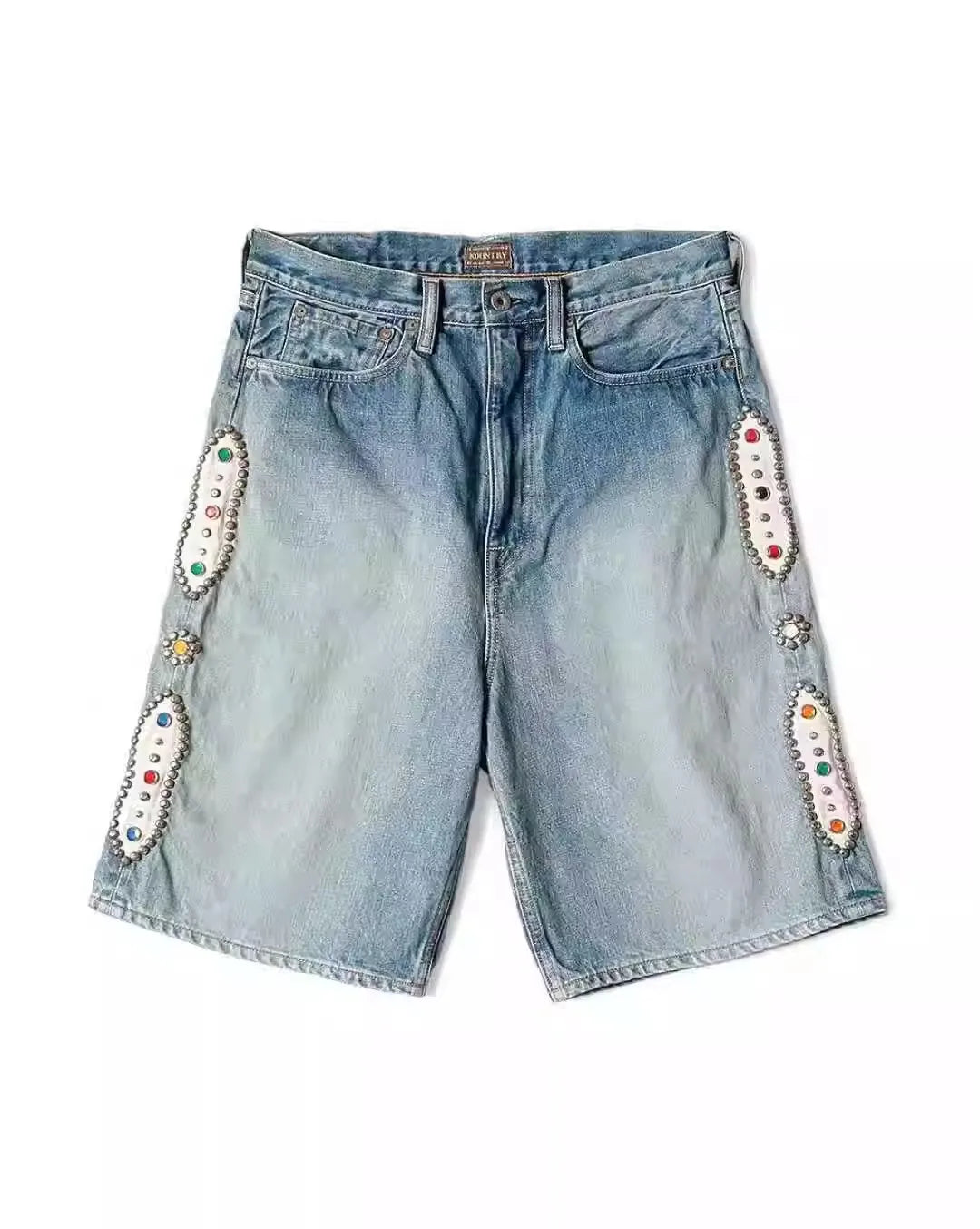 KAPITAL Japan 23SS New Blue-dyed Vintage Washed Loose-fitting Studded Gem Denim Shorts for Men ATFH