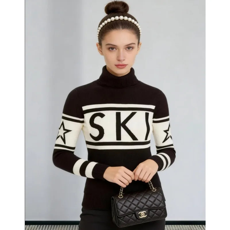 Top Sweater Women's High Neck Letter Print Color Block Slim Fit Knit Long Sleeve Pullover Comfortable Casual Fashionable Niche - ATFH
