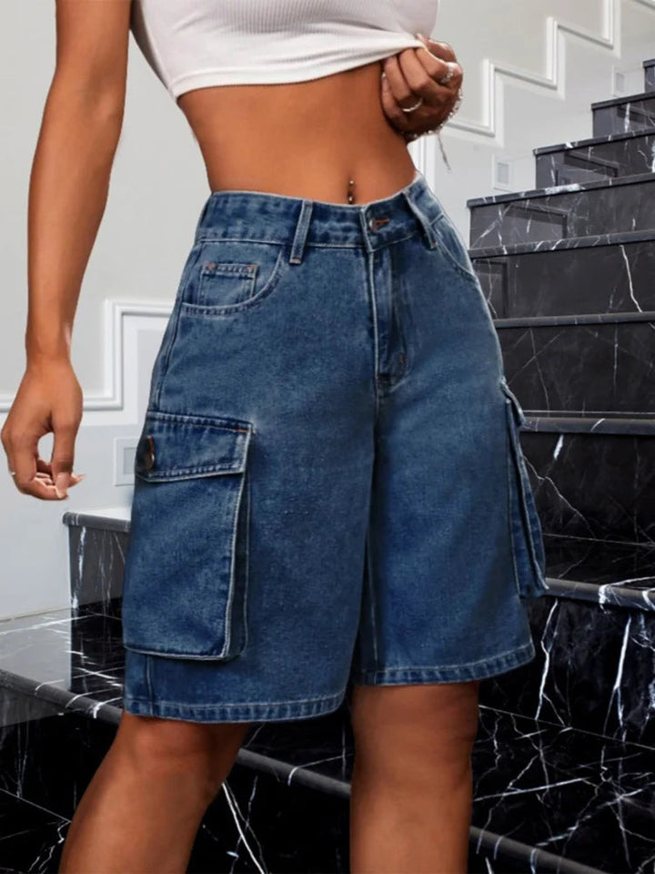 Vintage Blue Denim Shorts Women Summer Casual Loose Jean Multi Pockets Vacation Beach Streetwear Trendy Solid Color Shorts ATFH