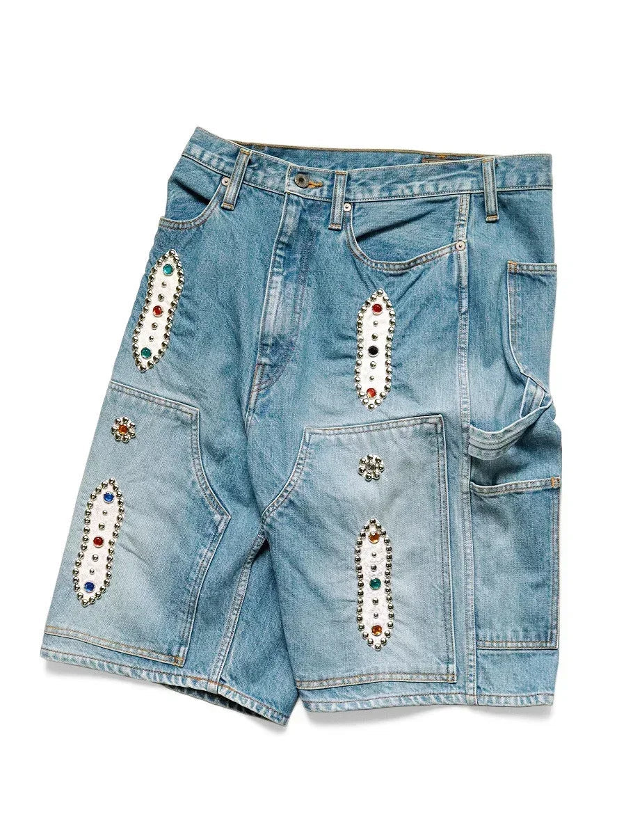 KAPITAL Japan 23SS New Blue-dyed Vintage Washed Loose-fitting Studded Gem Denim Shorts for Men ATFH