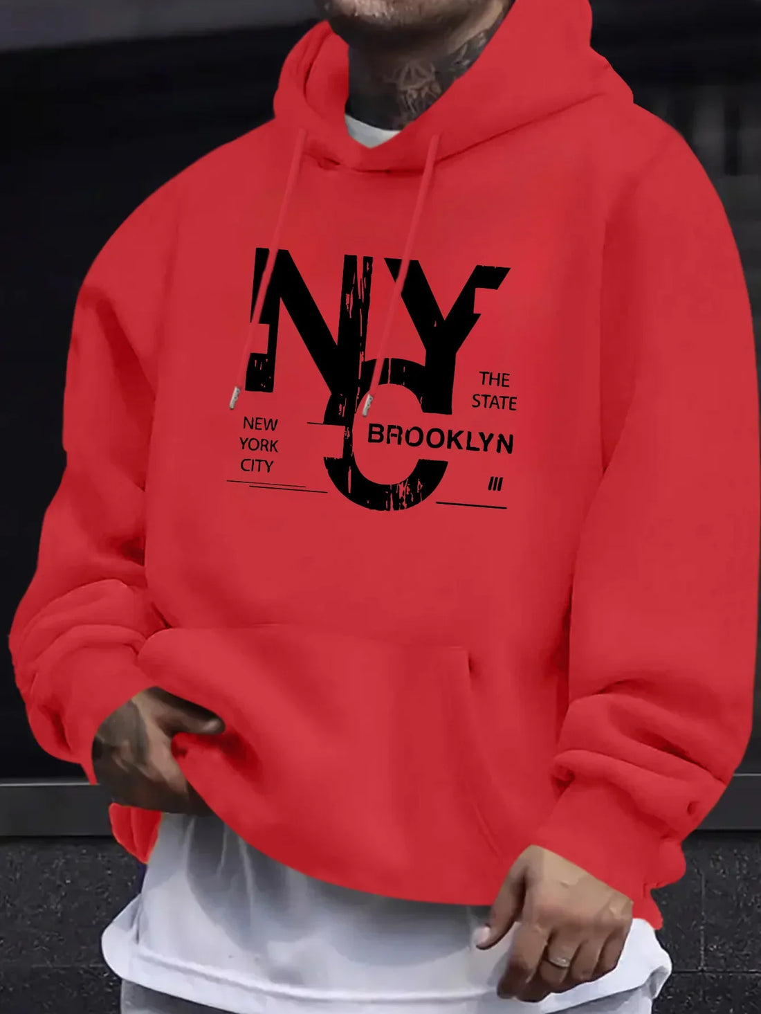 Men Oversized Hoodie Autumn Winter Fleece Lined Sweatshirt, NYC Brooklyn Urban Street Graphic Hooded Sweatshirt