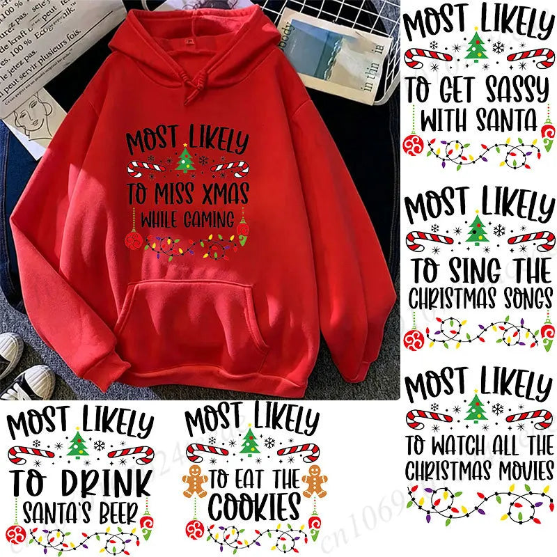 Most Likely To Christmas Family Hoodies Funny Slogan Group Sweatshirts Xmas Gingerbread Man Print Hooded Hoody Holiday Party Top