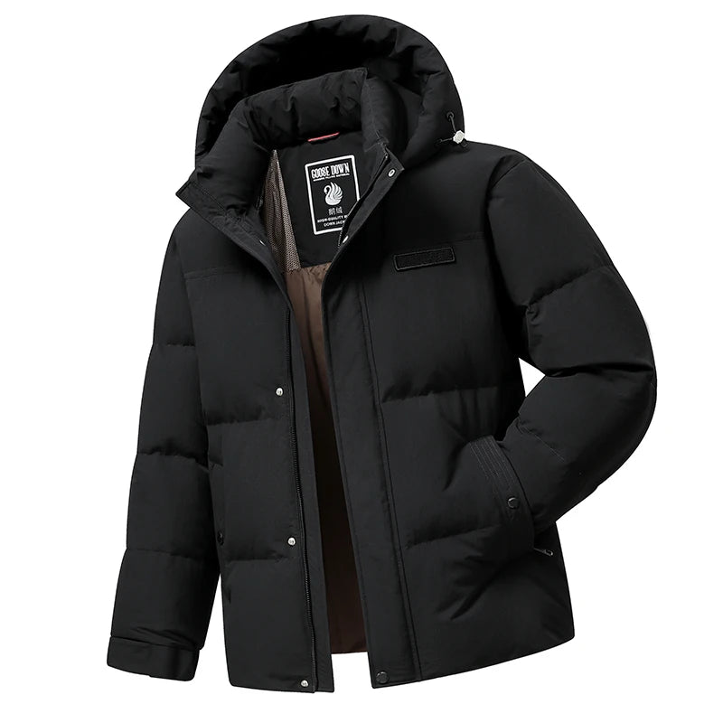 Classic Men's Outdoor Hooded Goose Down Jackets 2026 Winter Short Style Hat Detachable Puffer Coats Streetwear Thick Warm Parkas