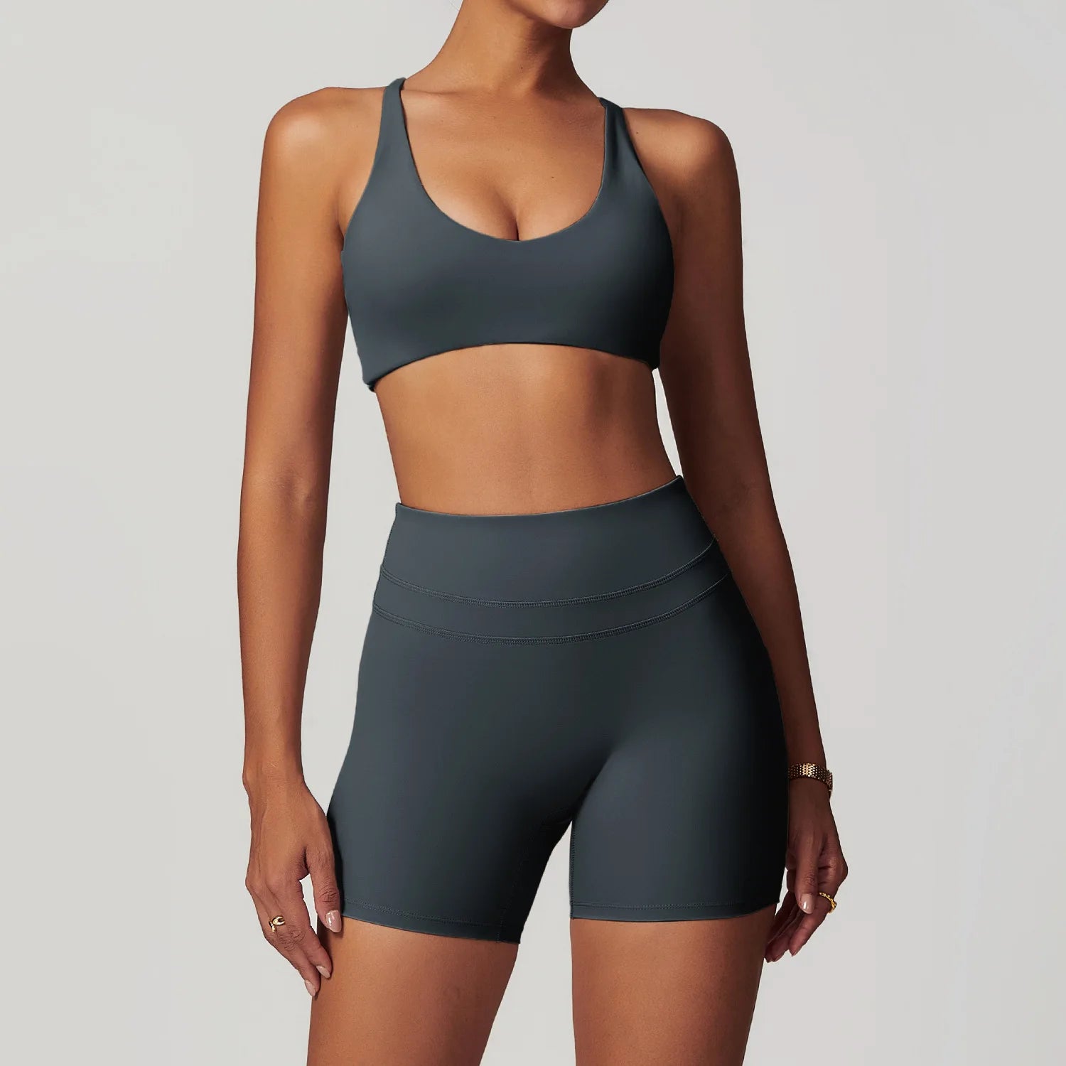 mikeyoga 2PCS Yoga Set Women Sportswear Workout Clothes Athletic Wear Gym Legging Fitness Bra Crop Top Short Sleeves Sports Suit - ATFH
